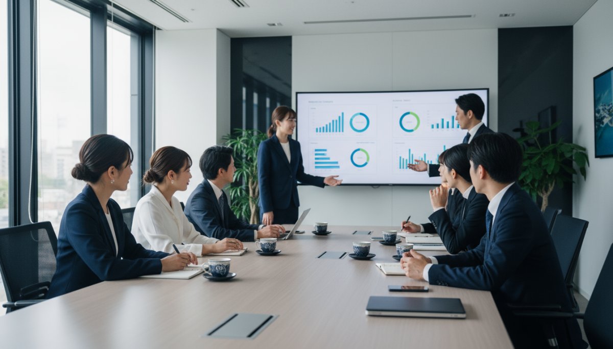 インサイドセールスチームがオフィスで戦略会議を行う様子