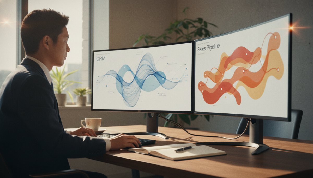 CRMダッシュボードを確認しながら営業戦略を立てる日本人ビジネスパーソン