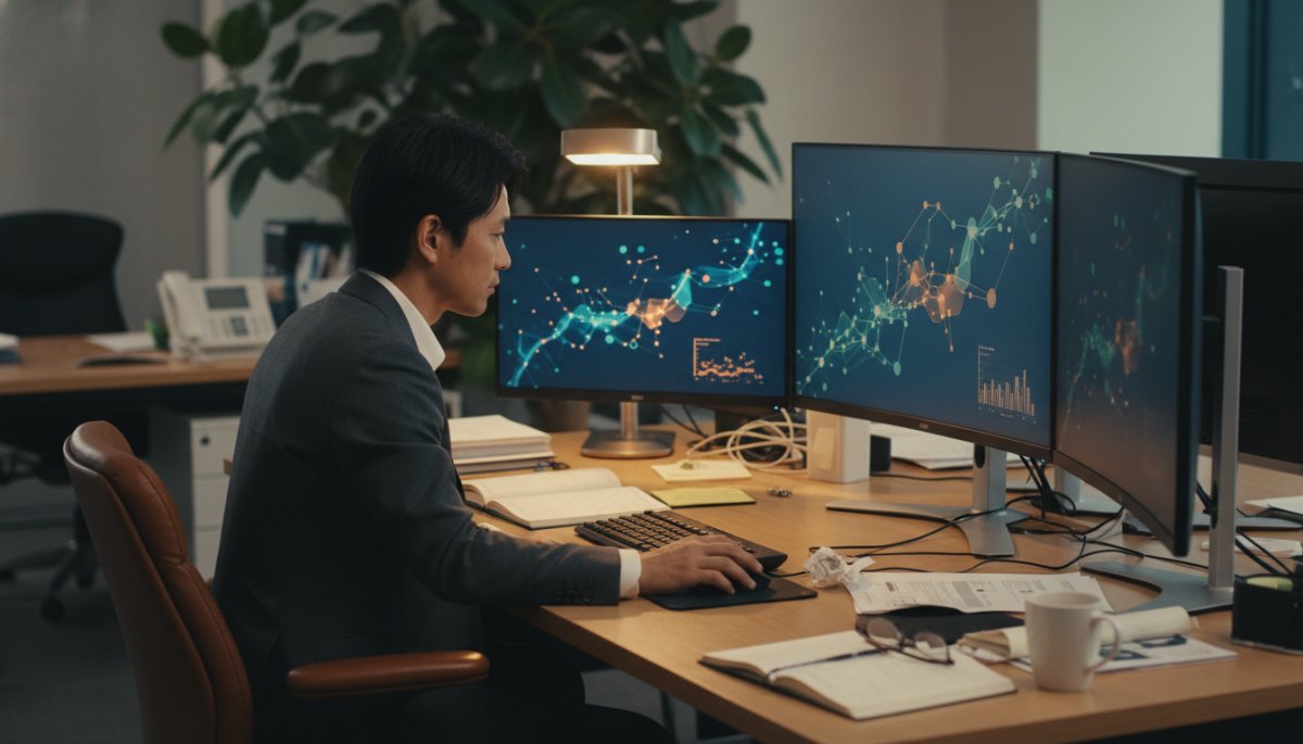 モニターを見つめて営業効率化を図るビジネスマンのイメージ