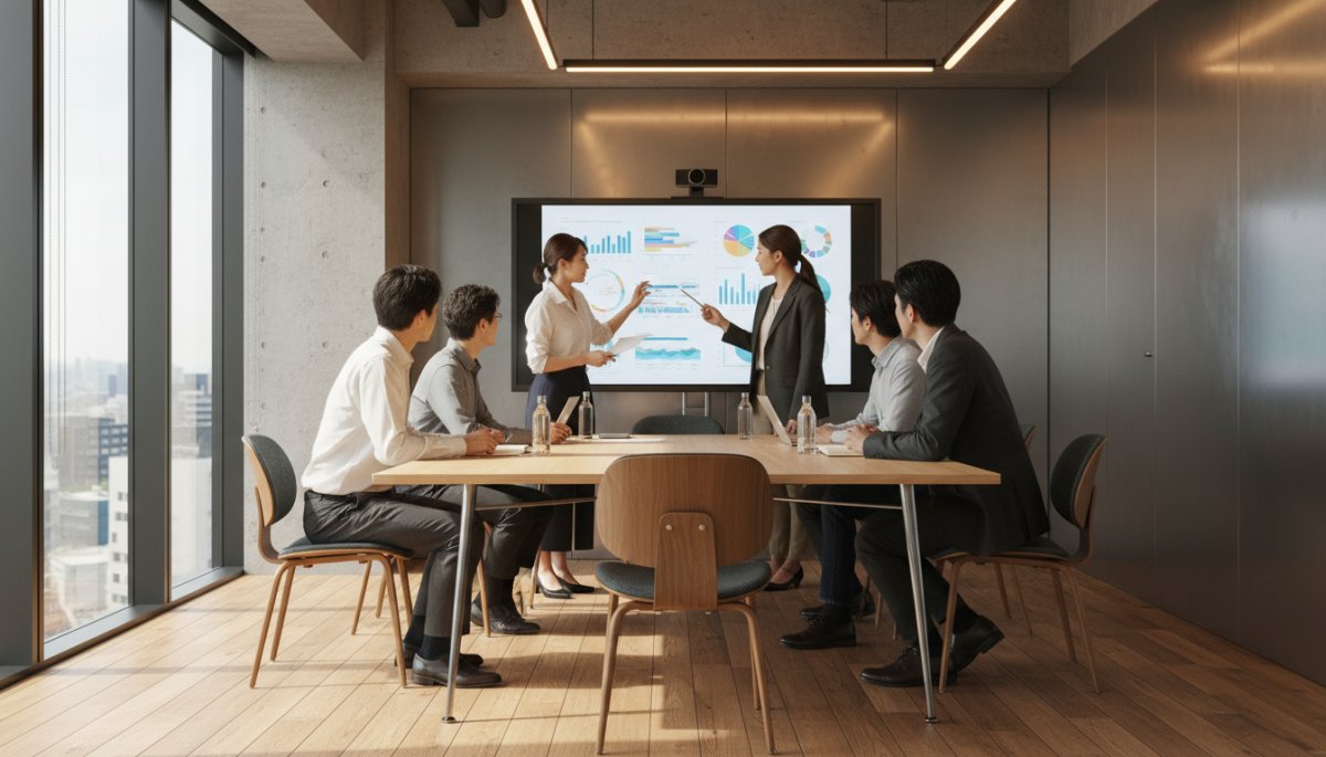 データ分析とターゲティング戦略立案のためにオフィスで打ち合わせをする様子