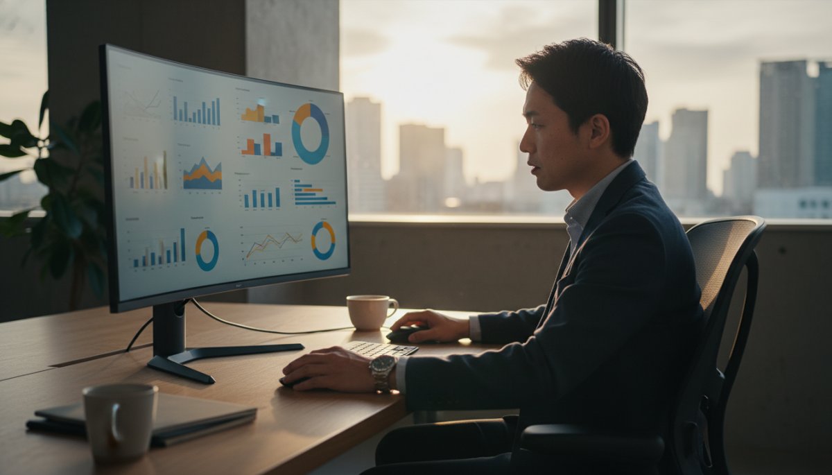 リードスコアリングダッシュボードが写し出されたモニターを見つめる男性