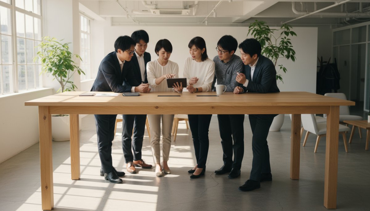 自動化されたリードフォローアッププロセスについて情報共有しているオフィスの風景