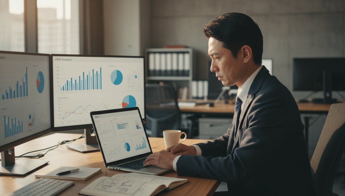 商談準備をする営業担当者とデータ分析画面