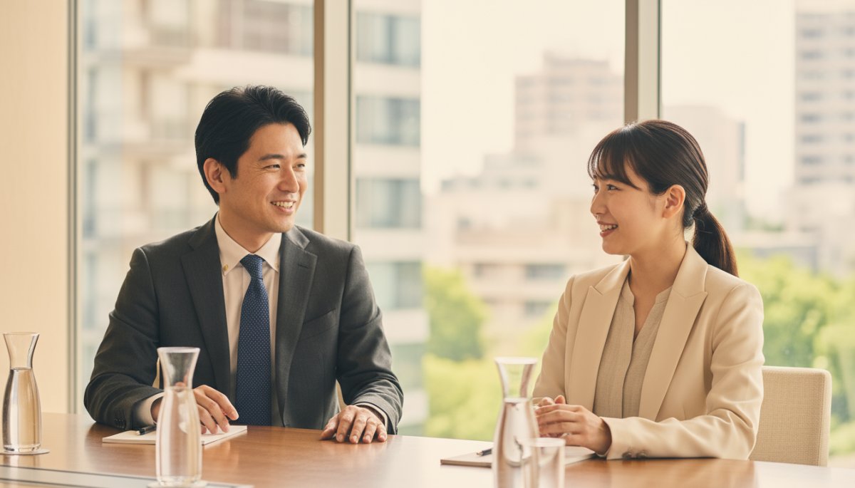 商談で笑顔で対話するビジネスパーソン