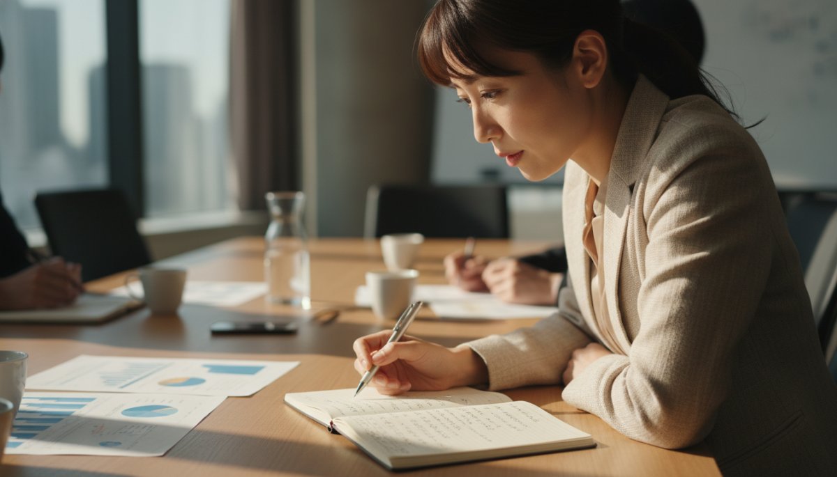 商談で質問しながらメモを取る営業担当者