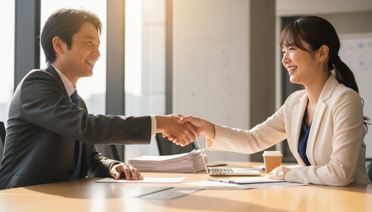 商談のクロージングシーンで握手する様子