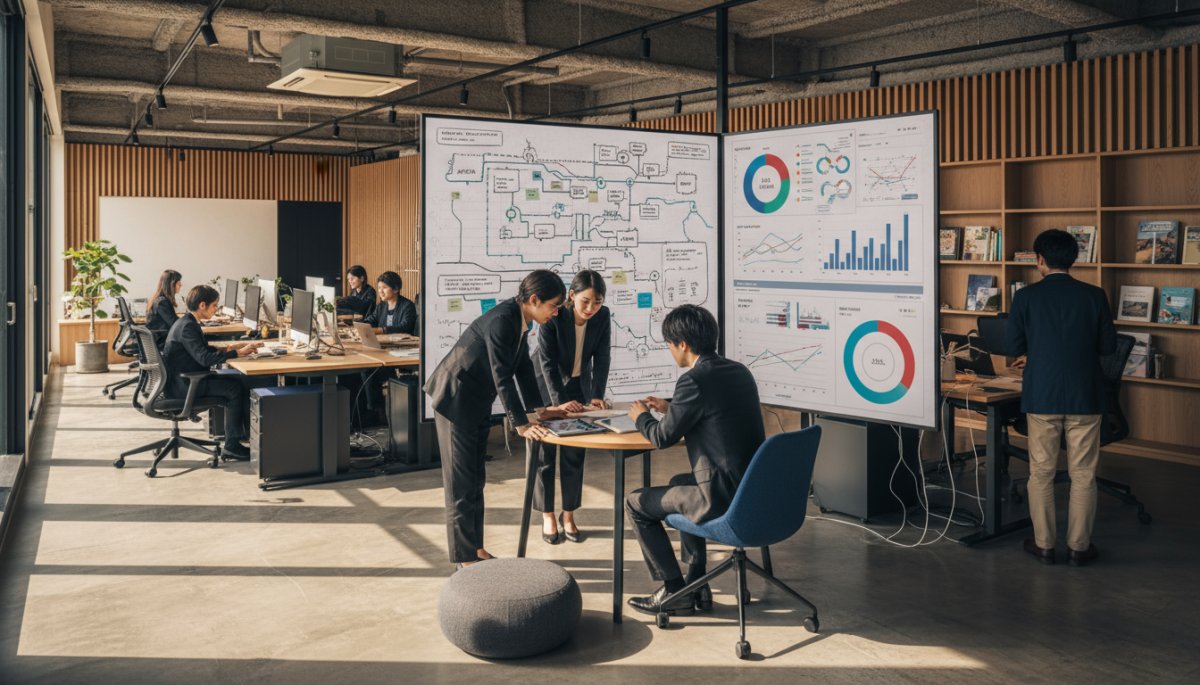 顧客管理システムで営業効率化やデータ統合を図るチームのイメージ