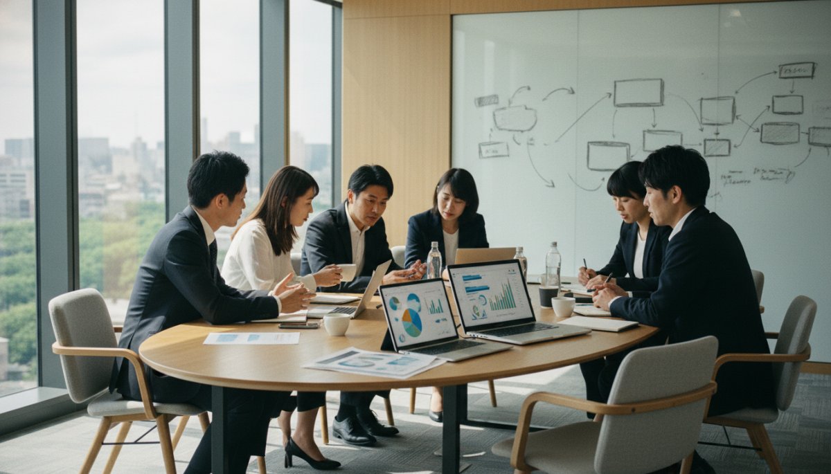 顧客関係構築についてビジネスミーティングを行う営業チーム