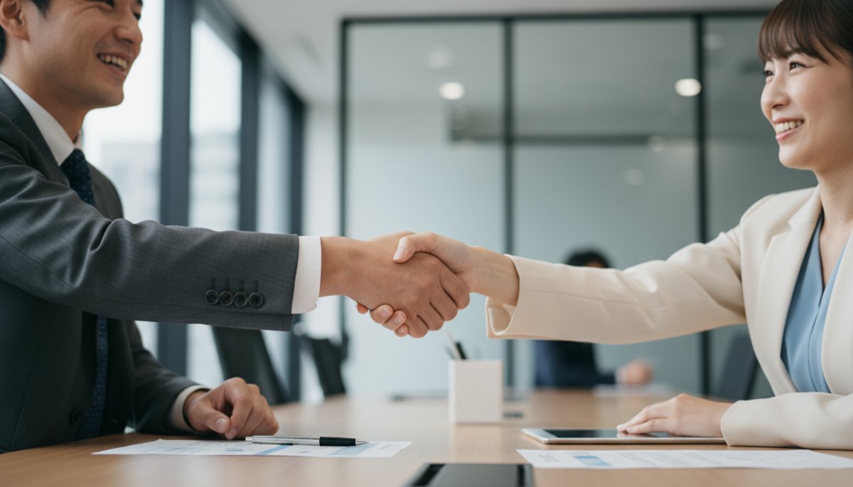 商談が成立し笑顔で握手を交わす様子