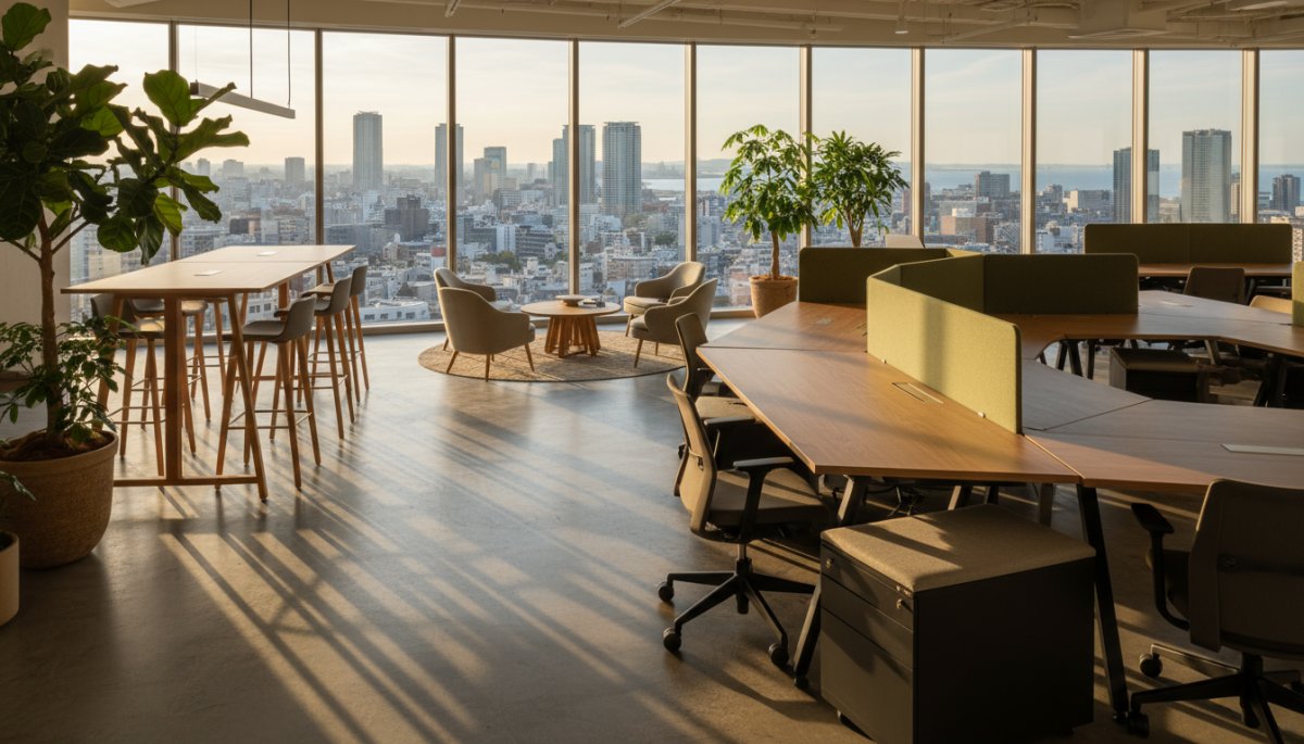 窓からの明るい光が差し込むオフィス