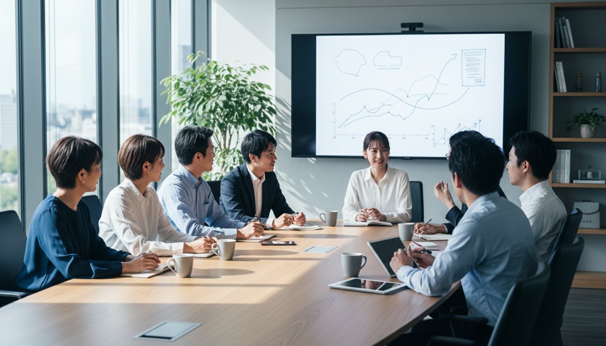 アポ獲得率の推移をデータ化して改善サイクルを回すための打ち合わせをしているイメージ