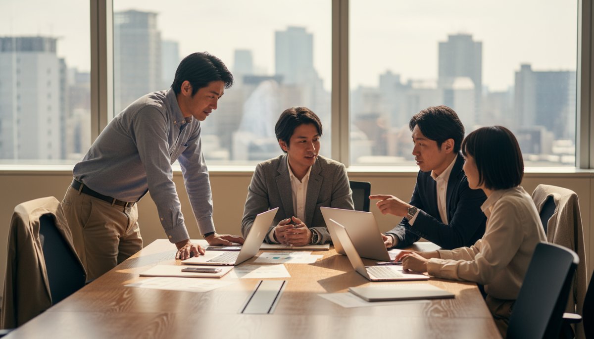 営業効率化のために業務分担やチーム連携の打ち合わせをする様子