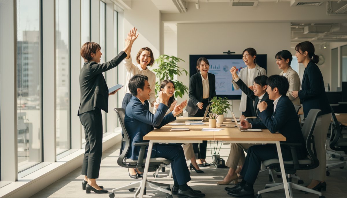 営業成果向上を喜ぶビジネスチーム