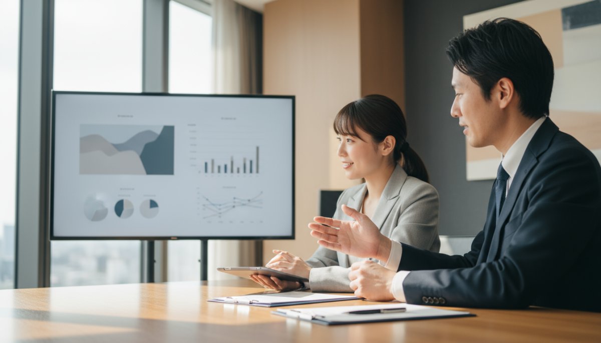 営業担当者が顧客との初回面談で資料を説明している様子