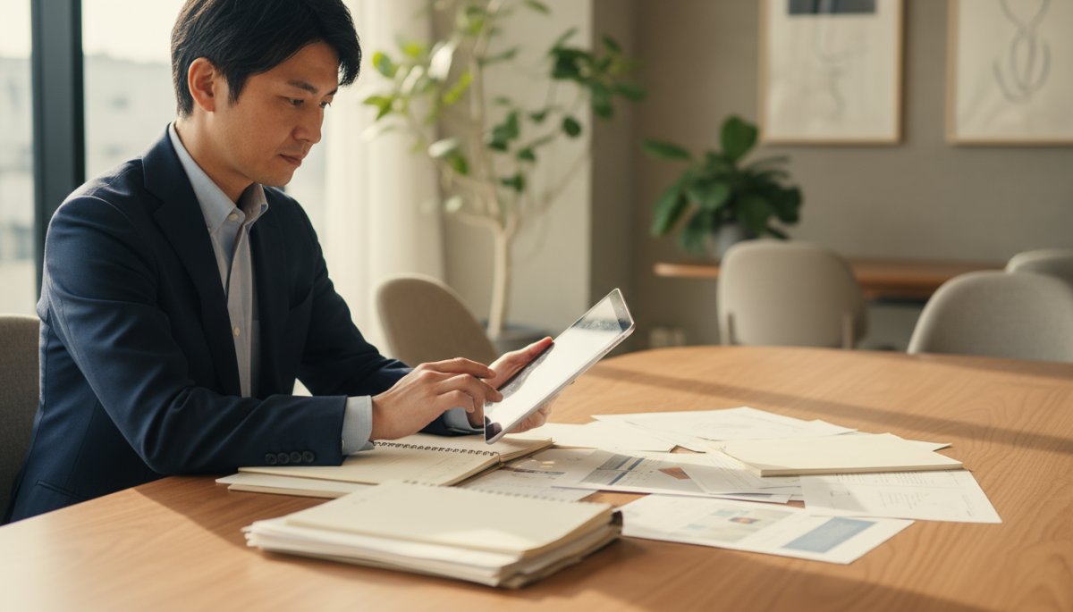 営業担当者が顧客リストを確認しながら戦略を練っている様子