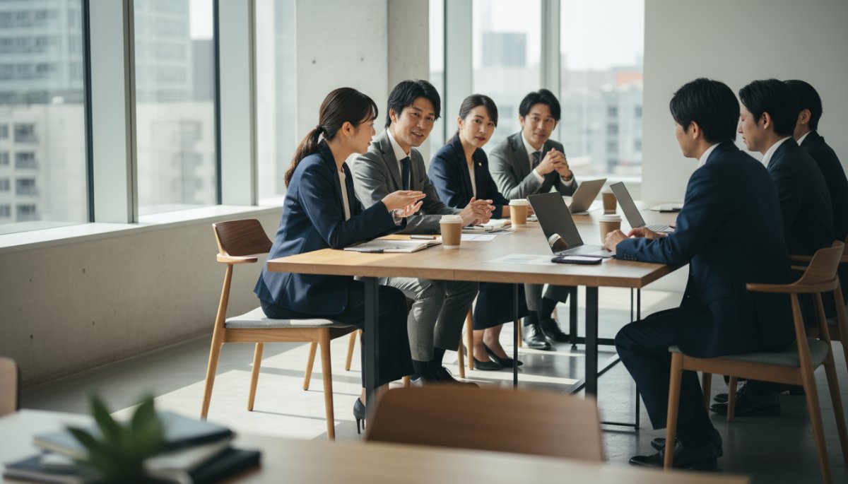 営業チームがミーティングで成功事例を共有している様子