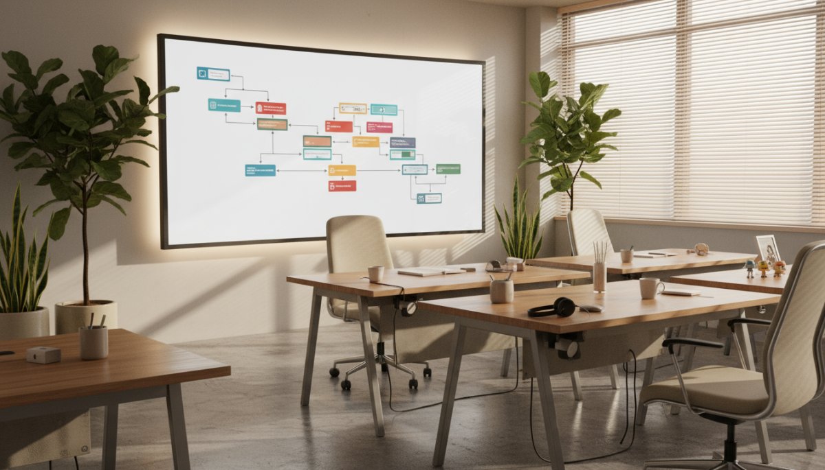 ステップメール設計とマーケティングオートメーションのイメージがモニターに映し出された会議室