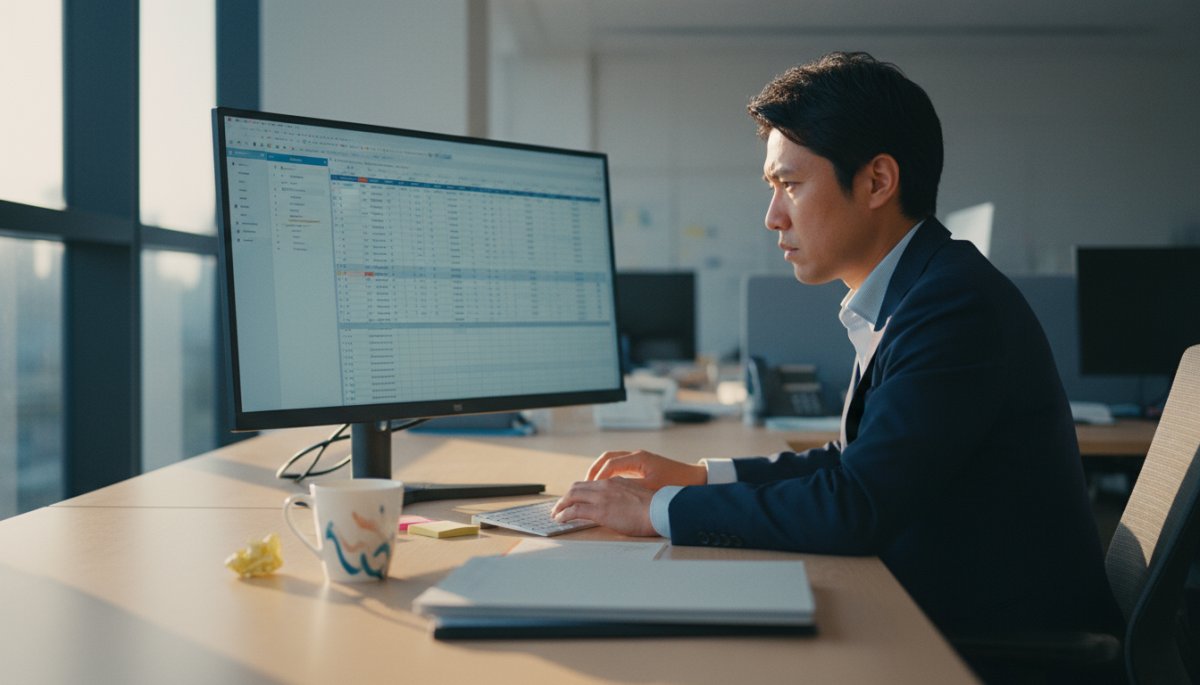 商談の設定率についてオフィスでモニターを見つめるビジネスマンのイメージ