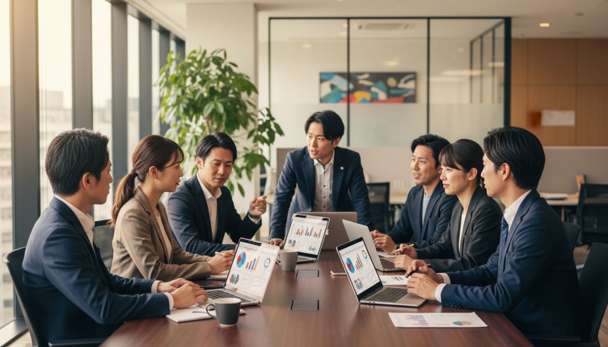 リード転換率を最大化する方法について会議をする風景
