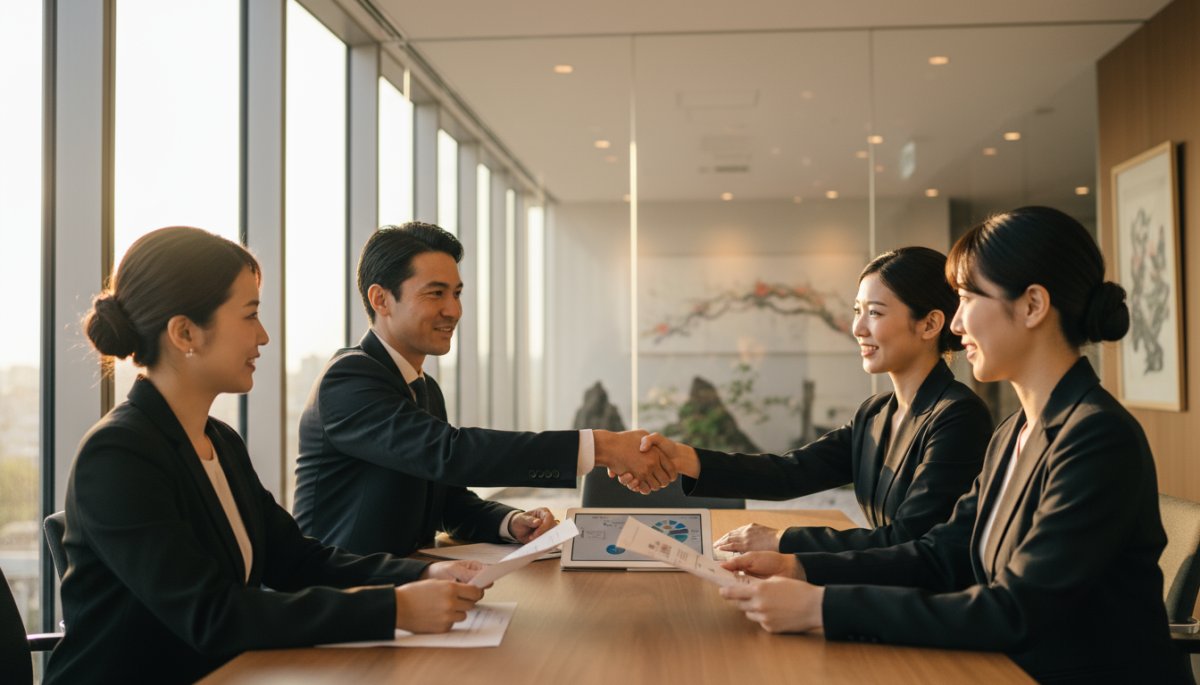 成約時に顧客と握手を交わす様子