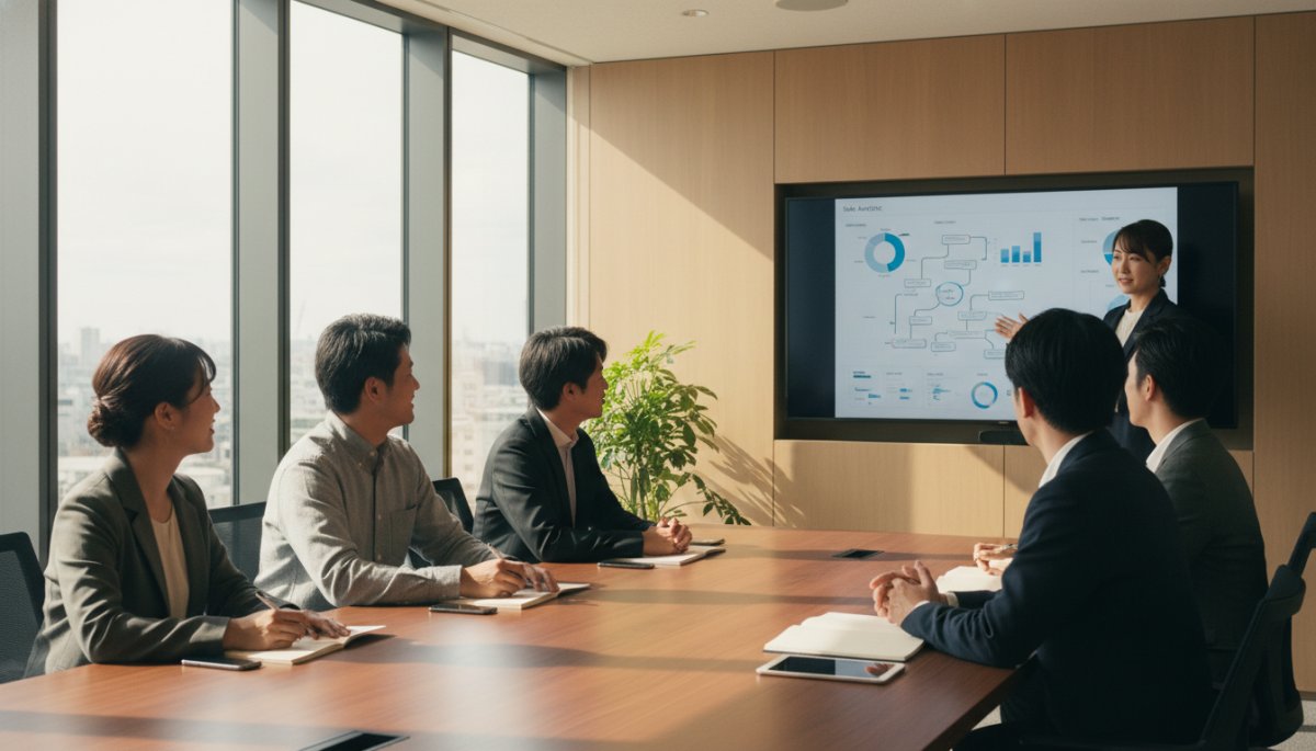 インサイドセールス育成プログラムについて会議室で説明する風景