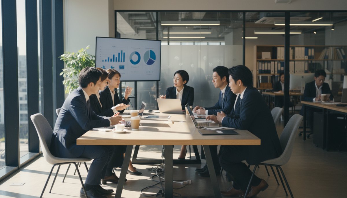 インサイドセールスについてオフィスのミーティングスペースで情報共有をする営業チーム