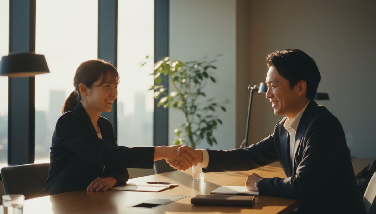 商談のクロージングシーンで笑顔で握手する様子