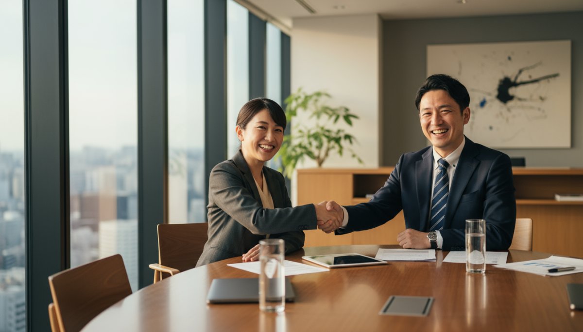 商談が成立し笑顔で握手を交わす担当者