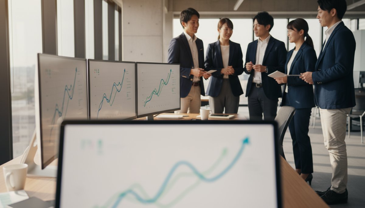 アポ獲得率向上の実践テクニックについて情報共有をするスタッフの様子