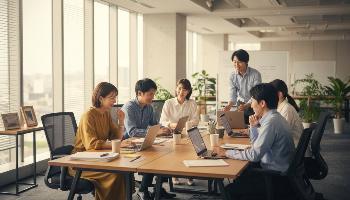 商談設定率を向上するために会議スペースで打ち合わせをする様子