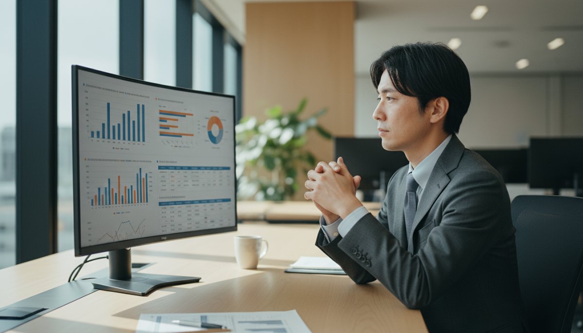 パソコンのモニターを眺めながら腕を組むスーツ姿の男性