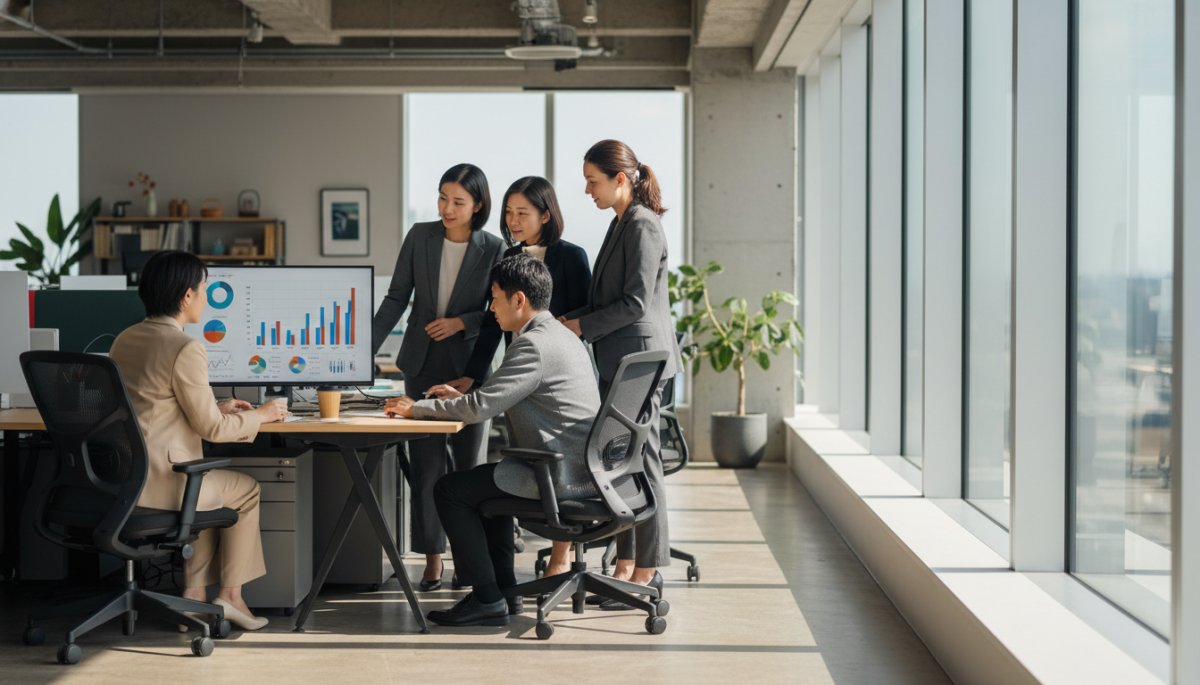 営業の再現性を高めるためオフィス内でモニターを見ながら相談する営業チームのイメージ