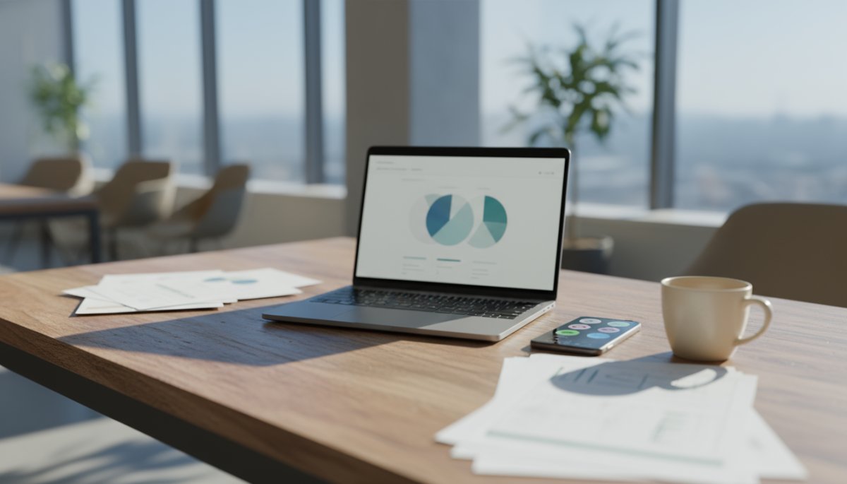 商談化のグラフを映し出したノートパソコンと紙の資料が置かれたデスク