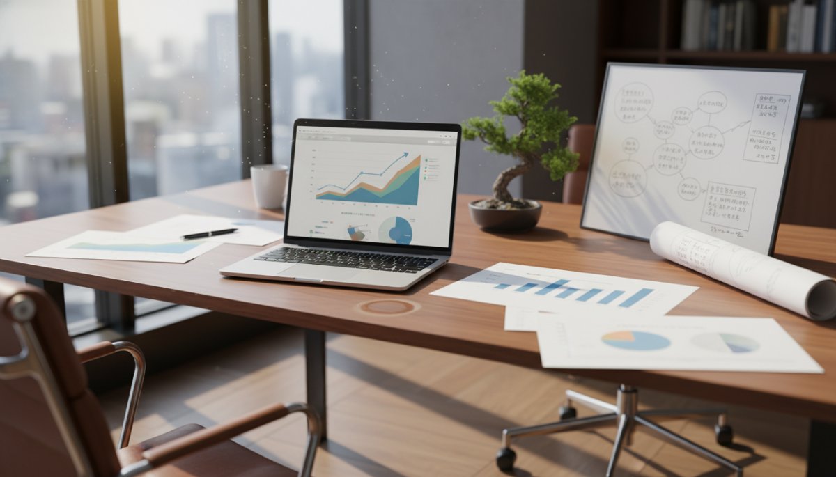 営業データを映し出したノートパソコンとデスクのイメージ