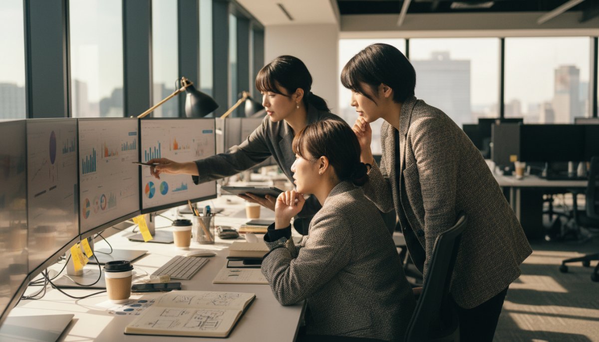 マーケティングチームがデジタル戦略を立案する様子